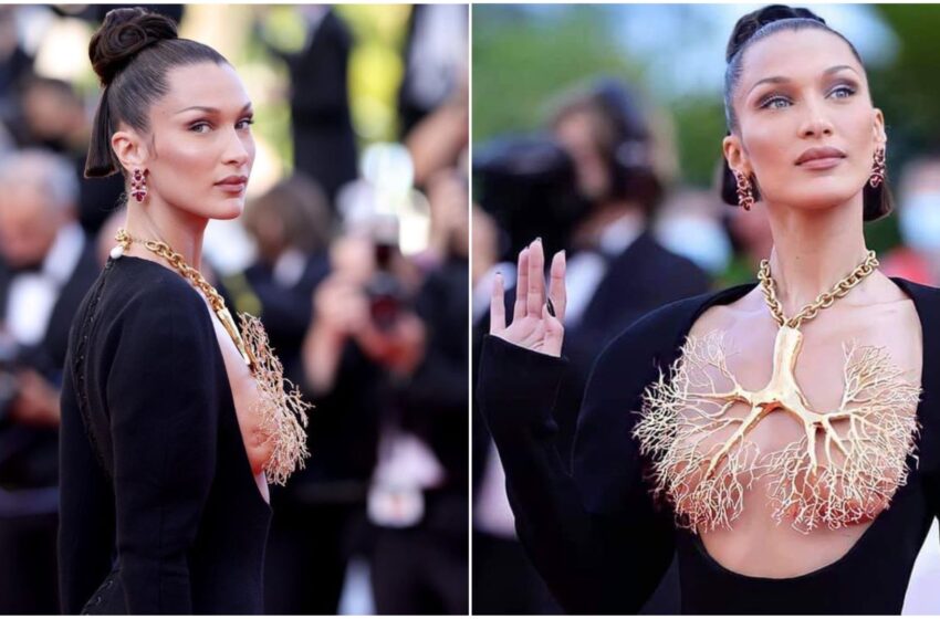 Bella Hadid, la collana-scultura che copre il seno nudo infiamma il red carpet di Cannes