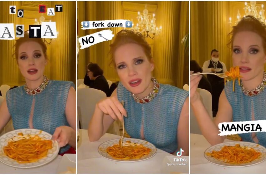 Roma, Jessica Chastain insegna agli americani come si mangia la pasta: il video è virale