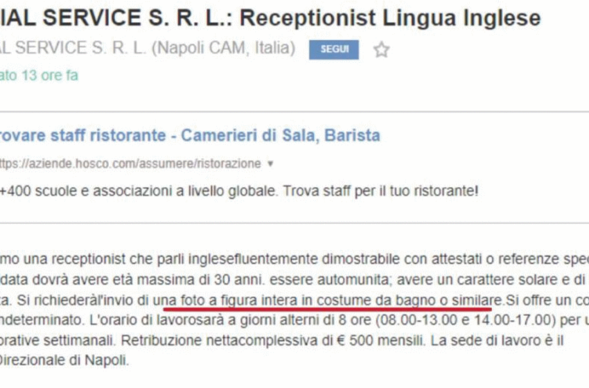  Azienda choc: “Receptionist full time a 500 euro al mese: mandare foto in costume”