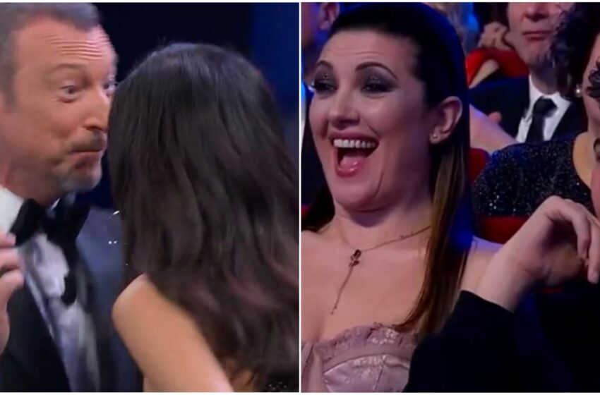  Sanremo, Rocio bacia sulla bocca Amadeus: la reazione della moglie (video)